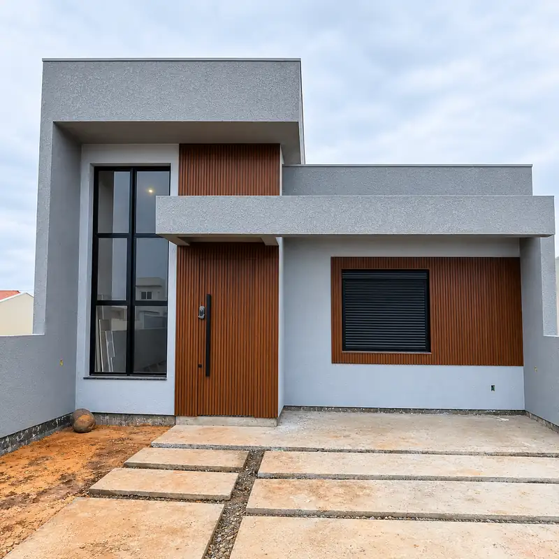 Fachada de casa nova com porta ripada amadeirada, janela de esquadria preta e janela com persiana