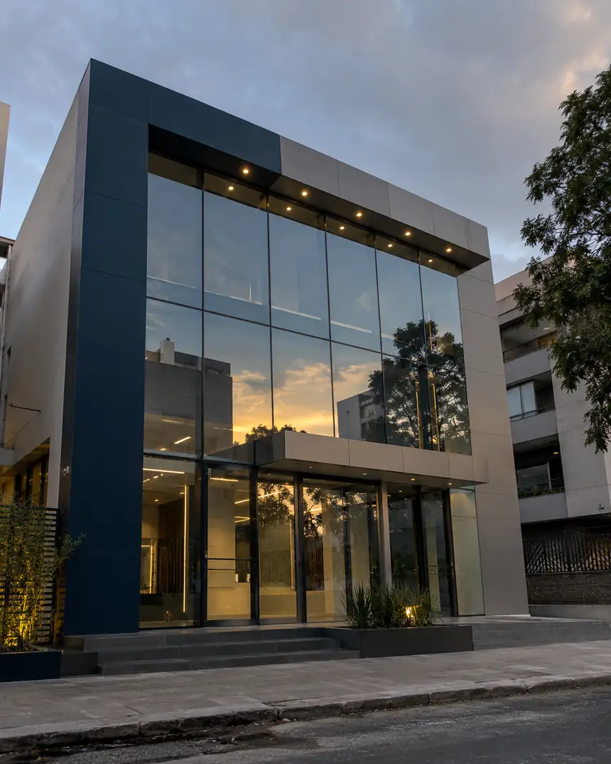 Prédio comercial de três andares com fachada em pele de vidro e revestimento em ACM azul