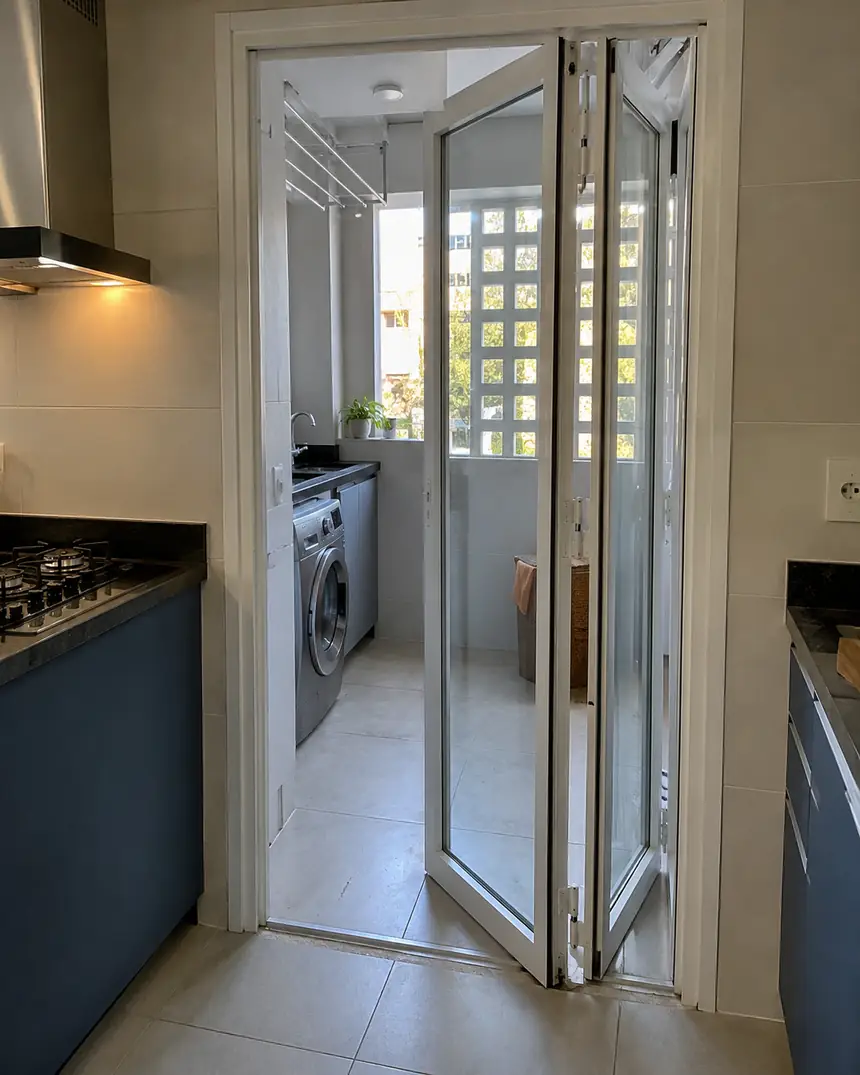 Porta camarão de alumínio branco com vidro aberta entre a cozinha e a área de serviço