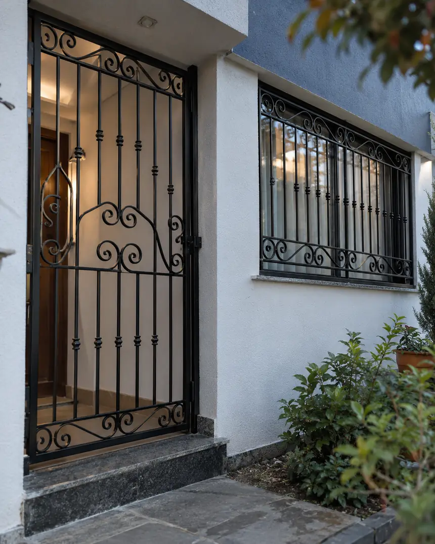 Portão de ferro trabalhado na entrada de uma casa, ao lado de uma janela com grade de ferro